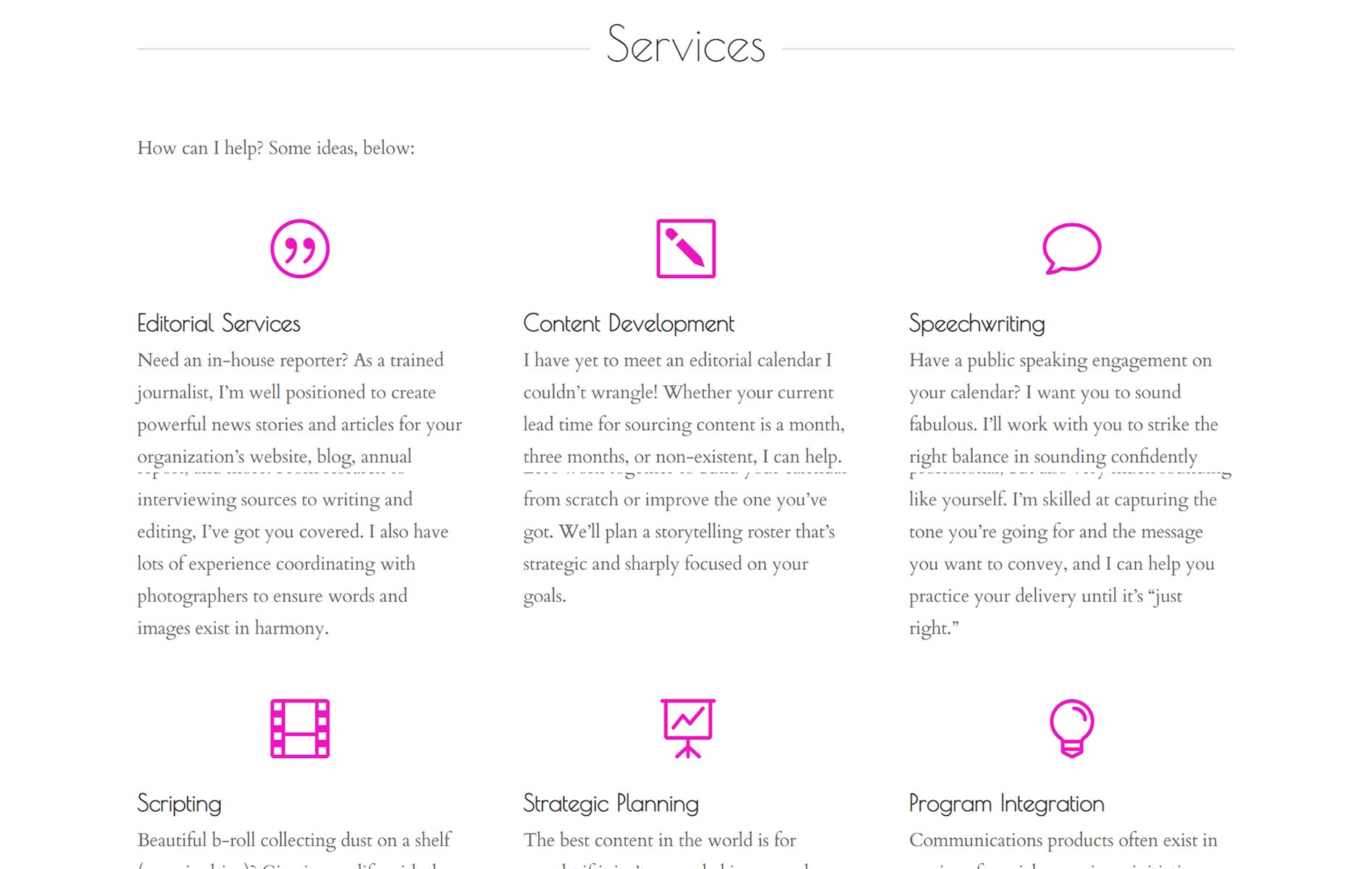 Elisabeth Rapport Communications Services page screenshot